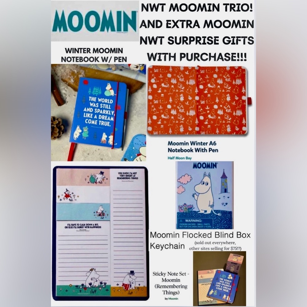 NWT MOOMIN TRIO!WINTER A6 NOTEBOOK, HUGE STICKY NOTE PAD, BLIND BOX!!! & MORE!